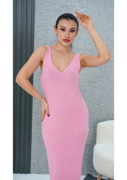 V Yaka Bürümcük Elbise Toz Pembe indirimleri