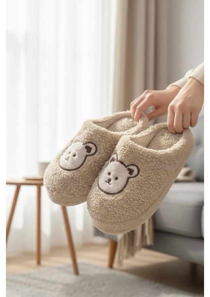 Ft 103 Panda Nakışlı Kadın Ev Terliği Peluş Terlik Çeyiz ve Bohça Terliği Ses Yapmaz Kalın Taban
