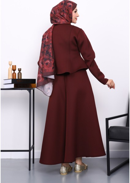 Bordo Crop Ceket Etekli Scuba Takım fırsatları