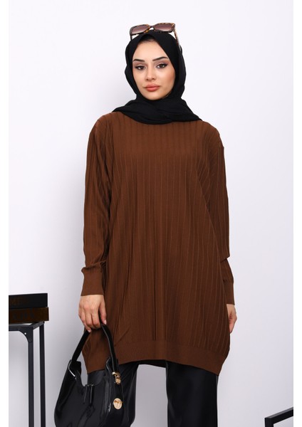 Kahverengi Merserize Salaş Triko Tunik