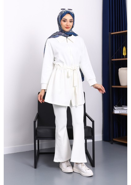 Ekru Bel Bağlamalı Modal Tunik Pantolonlu Takım