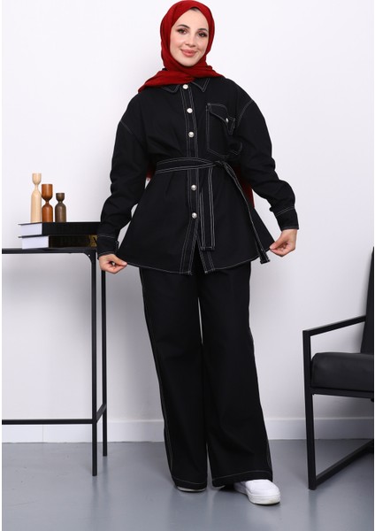 Siyah Düğmeli Gabardin Ceket Pantolonlu Takım