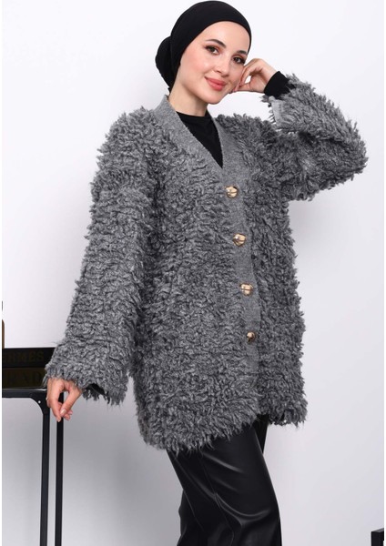 Füme Düğmeli Angora Hırka