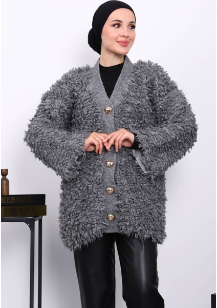 Füme Düğmeli Angora Hırka modelleri
