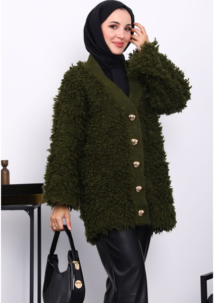 Haki Düğmeli Angora Hırka