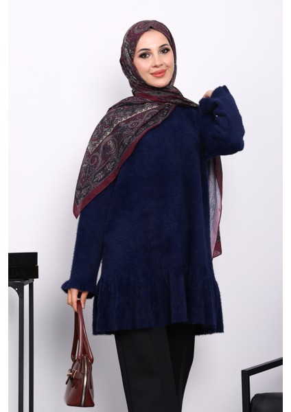 Lacivert Volanlı Angora Yumoş Triko Tunik
