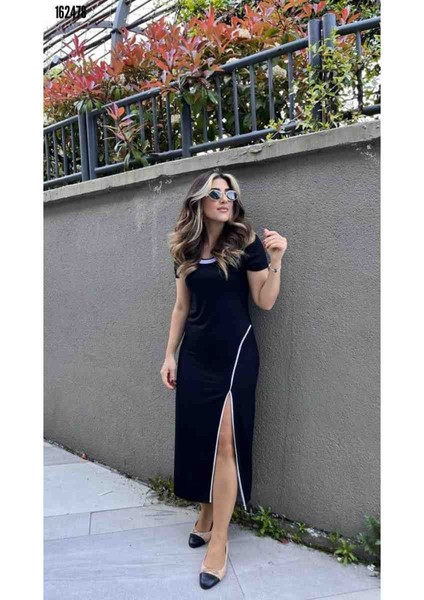 Kadın Yuvarlak Ribana Yaka Beyaz Yırtmaç Detaylı Viskon Elbise, Kırmızı Gül Figürlü Kolye Hediye