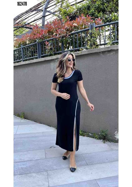 Kadın Yuvarlak Ribana Yaka Beyaz Yırtmaç Detaylı Viskon Elbise, Kırmızı Gül Figürlü Kolye Hediye fiyatları