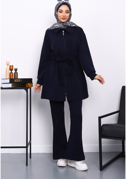 Lacivert Bel Bağlamalı Modal Tunik Pantolonlu Takım