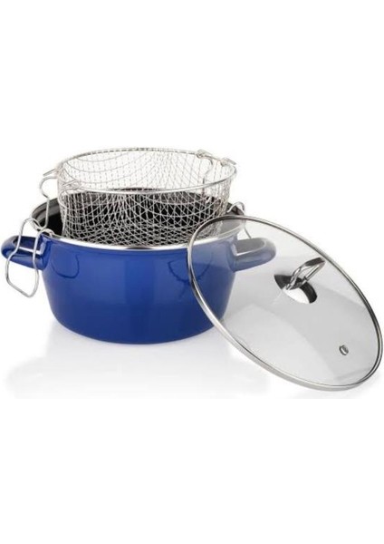 Cam Kapaklı Lacivert Emaye Tencere Kızartma Tenceresi 24CM