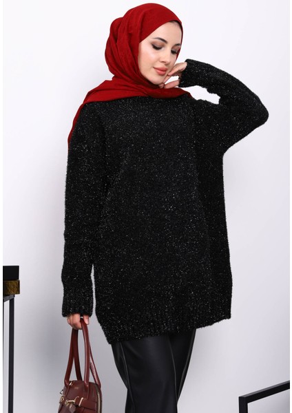 Siyah Bisiklet Yaka Simli Triko Kazak