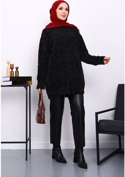 Siyah Bisiklet Yaka Simli Triko Kazak fiyatları