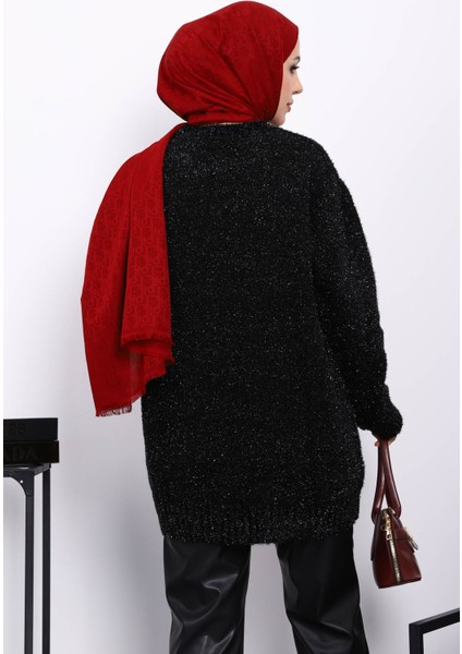 Siyah Bisiklet Yaka Simli Triko Kazak fırsatları