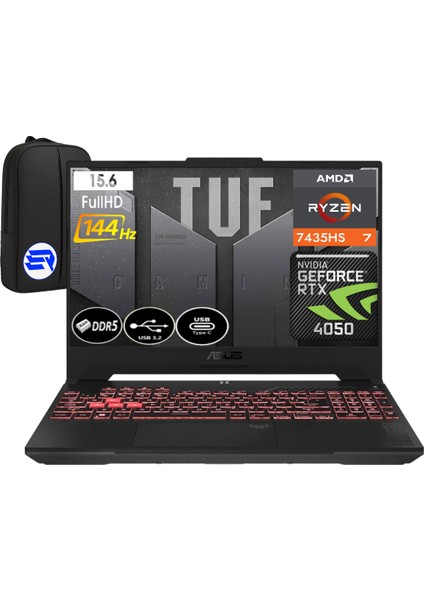 Tuf Gaming A15 FA507NUR-LP036EP6 Ryzen 7 7435HS 32GB Ram 1tb SSD Rtx 4050 140W 144Hz WIN11 Pro 15.6'' + Elektropasaj Çanta