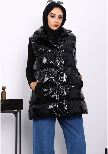 Siyah Rugan Bel Lastikli Yelek