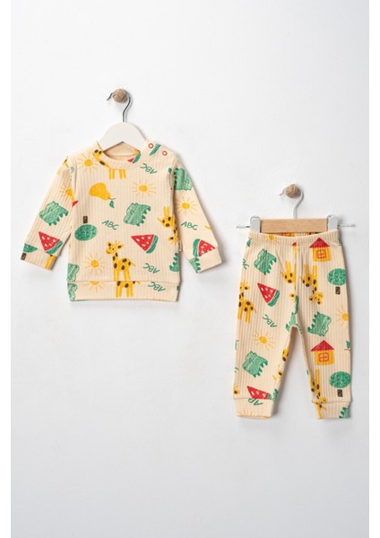 Bebek Ribanalı Sevimli Hayvan & Doğa Desenli Pamuklu Takım - Uzun Kollu Body & Eşofman Altı