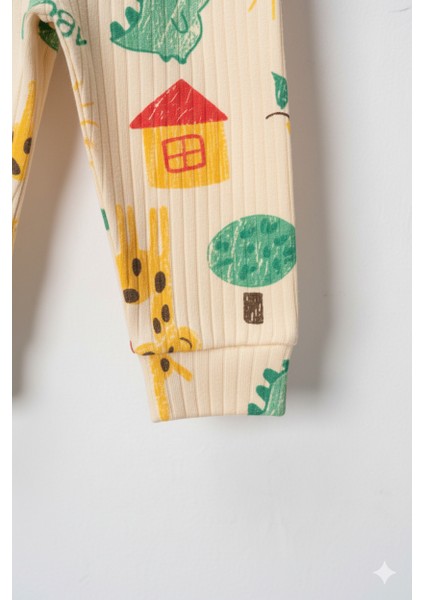 Bebek Ribanalı Sevimli Hayvan & Doğa Desenli Pamuklu Takım - Uzun Kollu Body & Eşofman Altı fırsatları