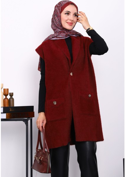 Bordo Cepli Uzun Angora Yumoş Yelek