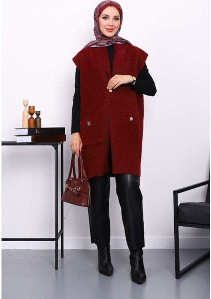 Bordo Cepli Uzun Angora Yumoş Yelek fiyatları