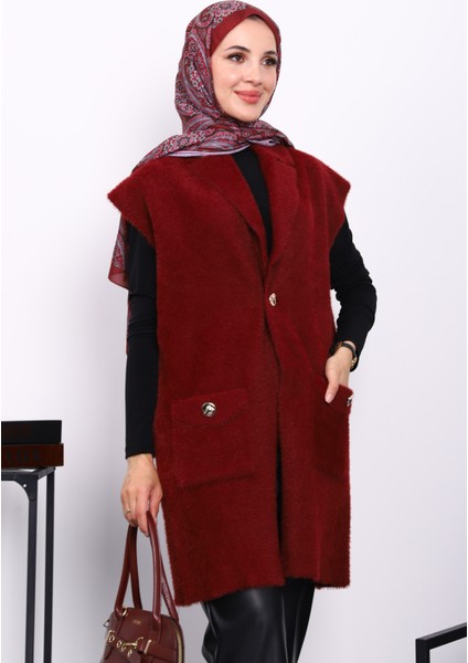 Bordo Cepli Uzun Angora Yumoş Yelek modelleri