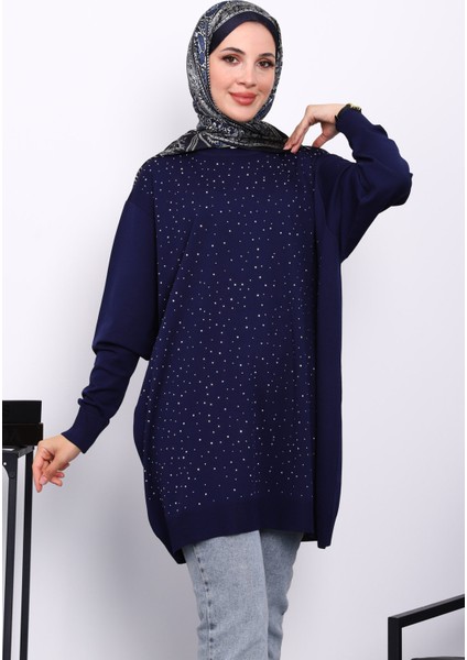Lacivert Bisiklet Yaka Taş İşlemeli Tunik