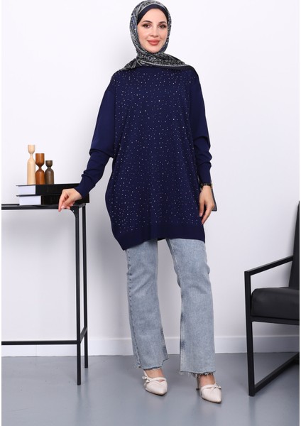 Lacivert Bisiklet Yaka Taş İşlemeli Tunik fiyatları