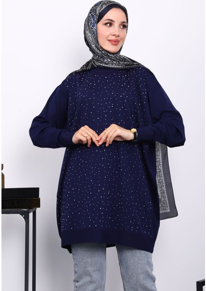 Lacivert Bisiklet Yaka Taş İşlemeli Tunik modelleri