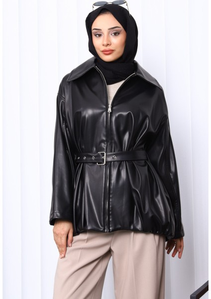 Siyah Kemerli Deri Ceket