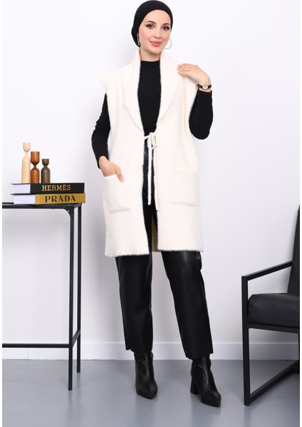 Krem Ön Bağlamalı Cepli Angora Yumoş Yelek fiyatları