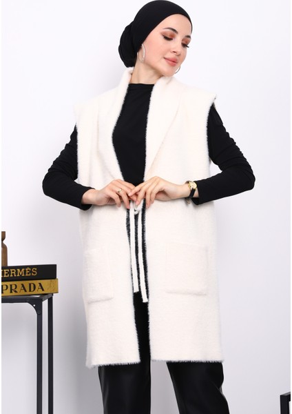 Krem Ön Bağlamalı Cepli Angora Yumoş Yelek modelleri