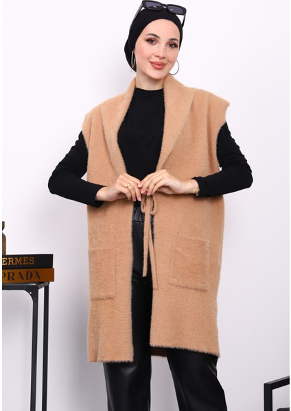 Bisküvi Ön Bağlamalı Cepli Angora Yumoş Yelek modelleri