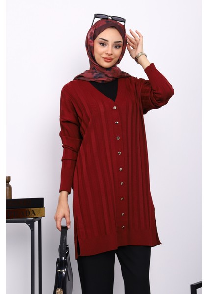 Bordo Soğuk Iplik Düğmeli Triko Hırka