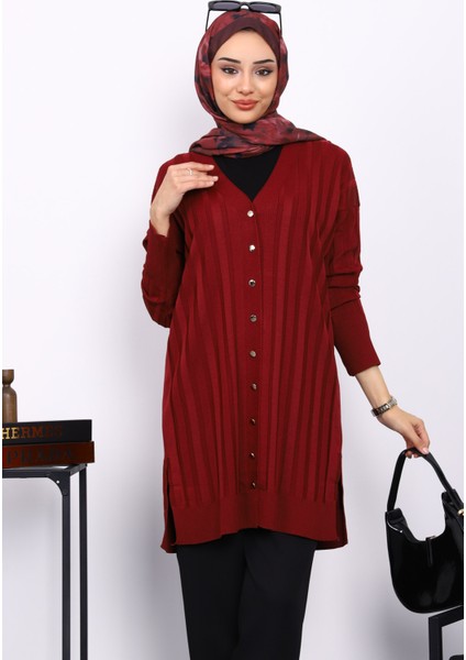 Bordo Soğuk Iplik Düğmeli Triko Hırka modelleri