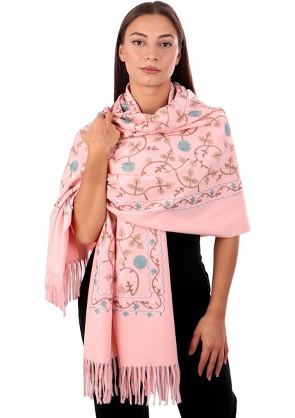 Pembe Nakışlı Kışlık Şal