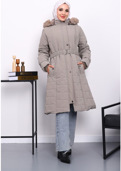 Vizon Kapüşonu Kürklü Uzun Şişme Mont