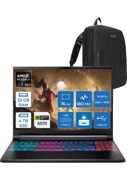 Nitro V 16 ANV16S-61 Amd Ryzen 7 350 32GB Ddr5 4tb SSD 8GB/RTX5070/85W 16" Wqxga (2560 x 1600) IPS 180Hz Freedos Taşınabilir Bilgisayar NHQXNEY003F12 + Zettaçanta