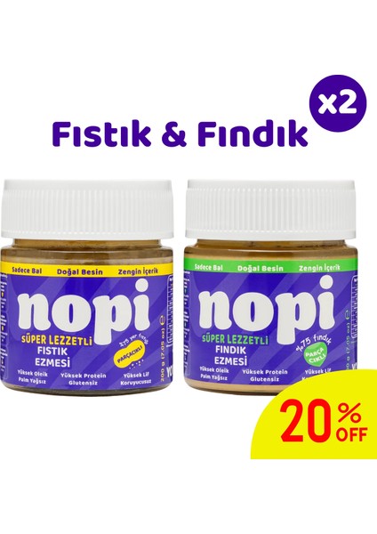 Nopı Ikili Set- Parçacıklı Yer Fıstığı & Parçacıklı Fındık Ezmesi ( 2 x 200 G)