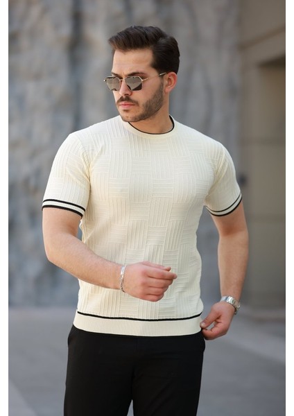 Erkek Jakarlı Ribanalı Kısa Kollu T-Shirt
