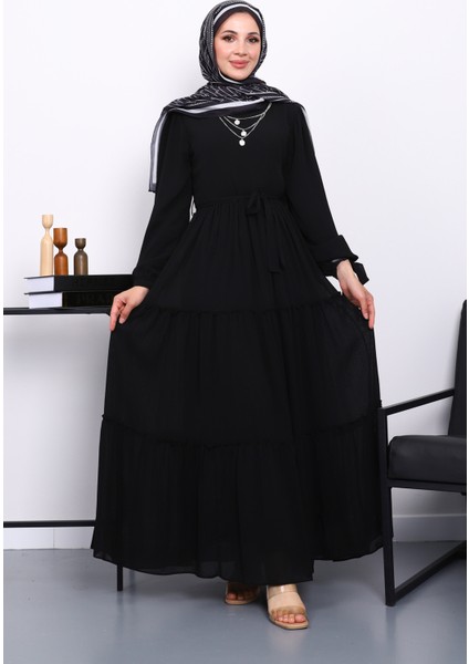 Siyah Eteği Katlı Kol Bağlamalı Elbise