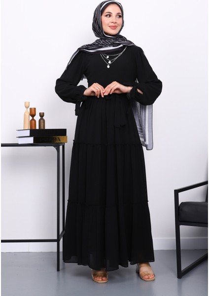 Siyah Eteği Katlı Kol Bağlamalı Elbise fiyatları