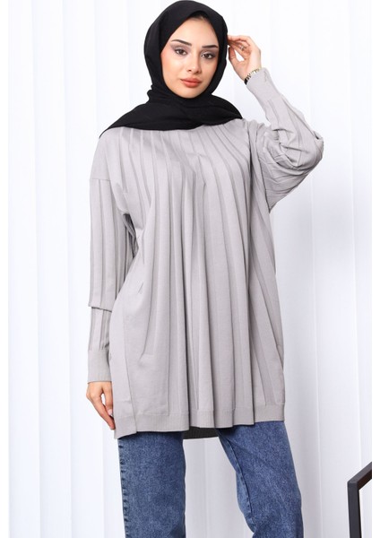 Gri Bisiklet Yaka Merserize Triko Tunik