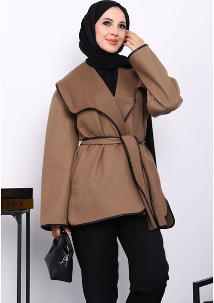 Vizon Deri Biyeli Şal Yaka Kaşe Ceket