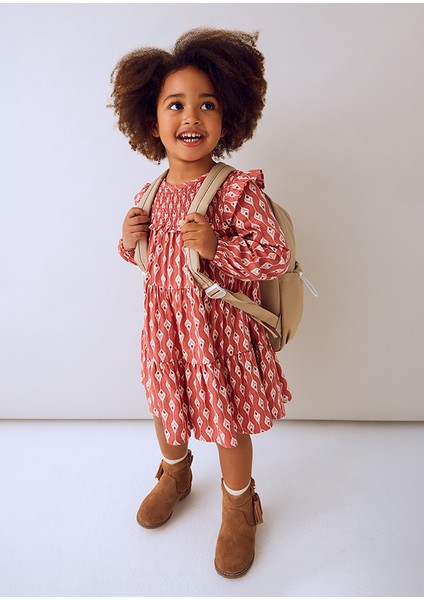 Kız Çocuk Kırmızı Desenli Elbise (4-10 Yaş) – Uzun Kollu, Bisiklet Yaka, Pamuk Astarlı