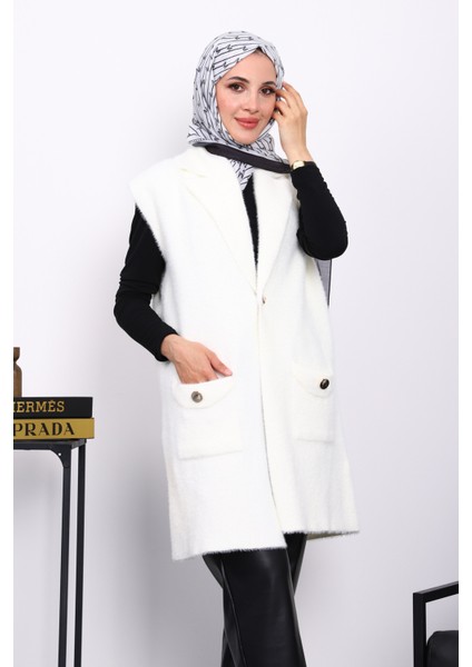 Ekru Cepli Uzun Angora Yumoş Yelek