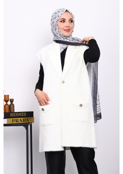 Ekru Cepli Uzun Angora Yumoş Yelek modelleri