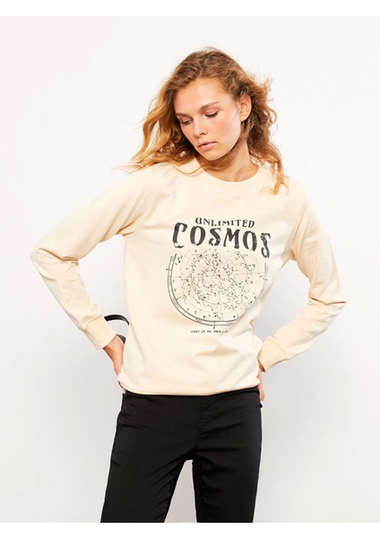 Lcw Vision Bej Bisiklet Yaka Baskılı Uzun Kollu Kadın Sweatshirt