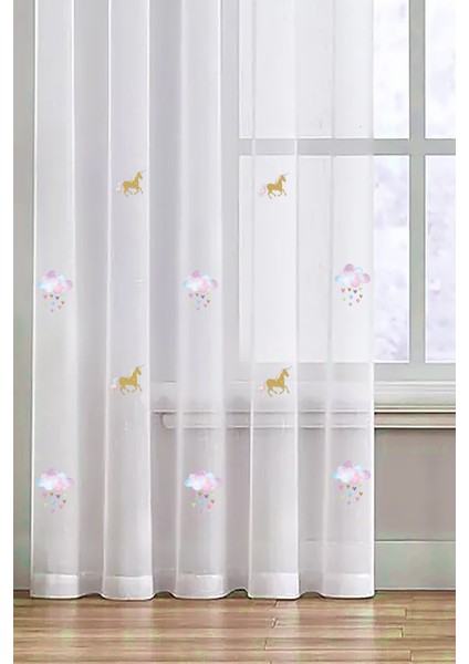 Unicorn Desenli Çocuk Odası Tül Perde Üzerine Isim Yazılabilir Özel Ölçü Dikilebilir
