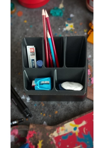 3D Baskı Masaüstü Kalemlik Organizer - Siyah Renk, 5 Gözlü