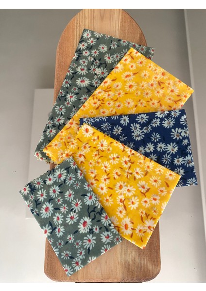 5'li Papatya Desen Tekrar Kullanılabilen Doğal Balmumu (Balmumlu) Gıda Saklama Kumaş Bez (Erzak Saklama Kabı)