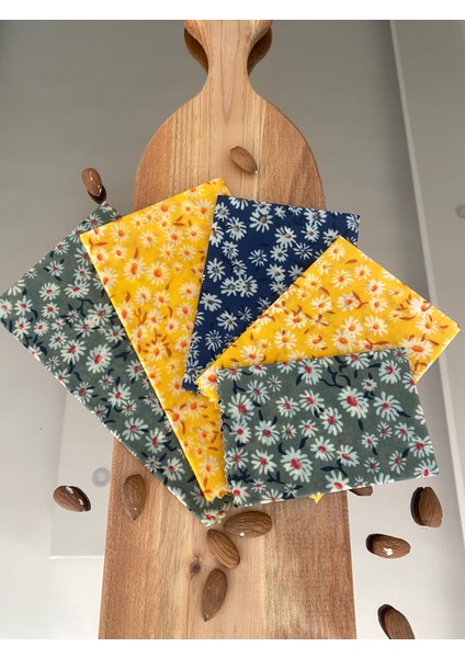 5'li Papatya Desen Tekrar Kullanılabilen Doğal Balmumu (Balmumlu) Gıda Saklama Kumaş Bez (Erzak Saklama Kabı) indirimleri